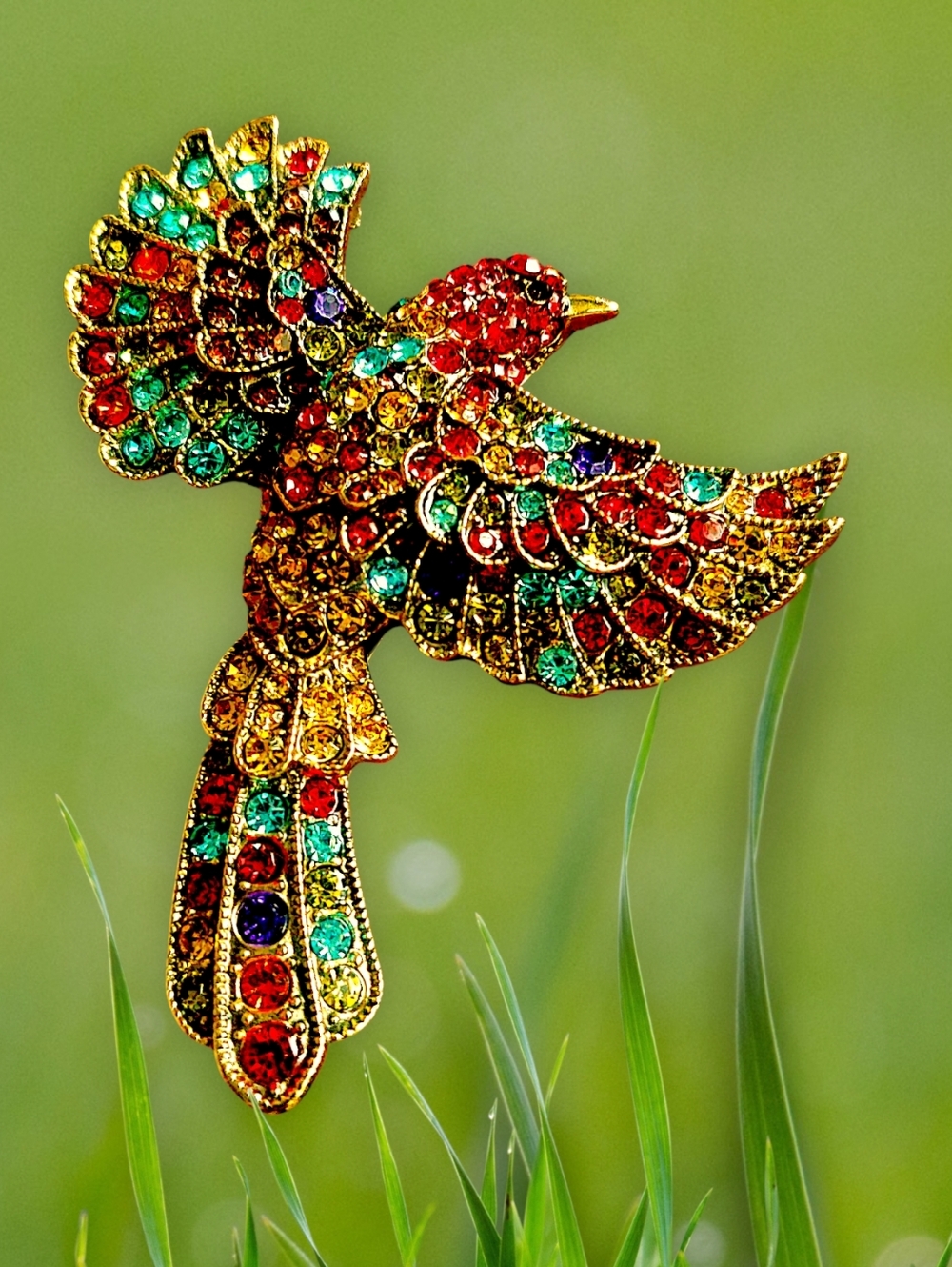 Multi-color Rhinestone Soaring Bird Statement Brooch